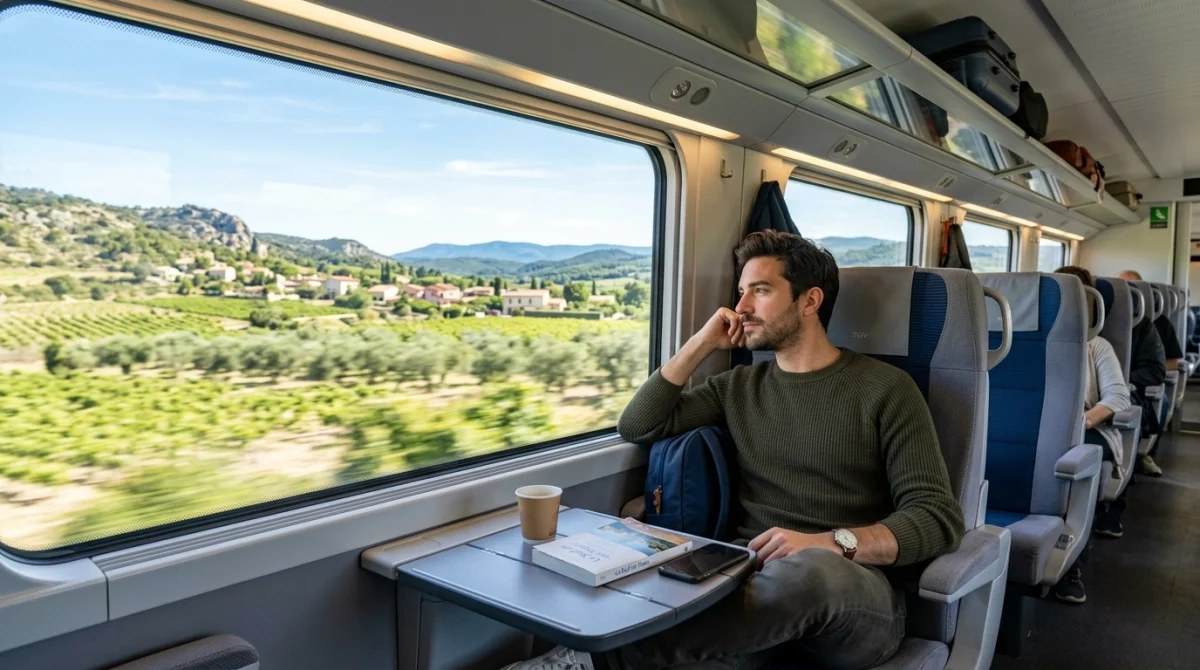 Voyageur confortablement installé dans un TGV moderne observant le paysage méditerranéen pour aller à Menton depuis Paris.