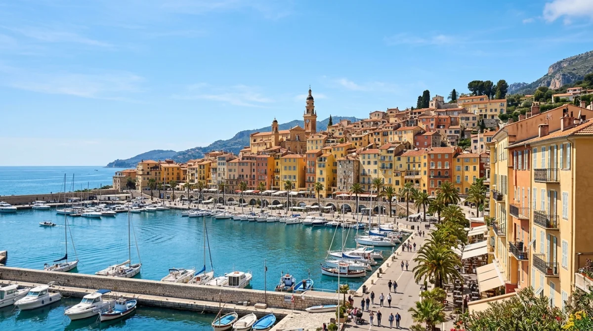 Vue panoramique de la ville de Menton avec ses façades colorées surplombant la mer Méditerranée sous un ciel bleu.