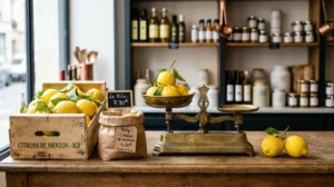 Citrons de Menton présentés en cagette et sachet kraft sur une balance vintage dans une épicerie fine parisienne.