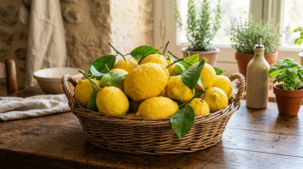 Panier en osier rempli de citrons de Menton frais sur une table en bois pour savoir où acheter ces agrumes à Paris.