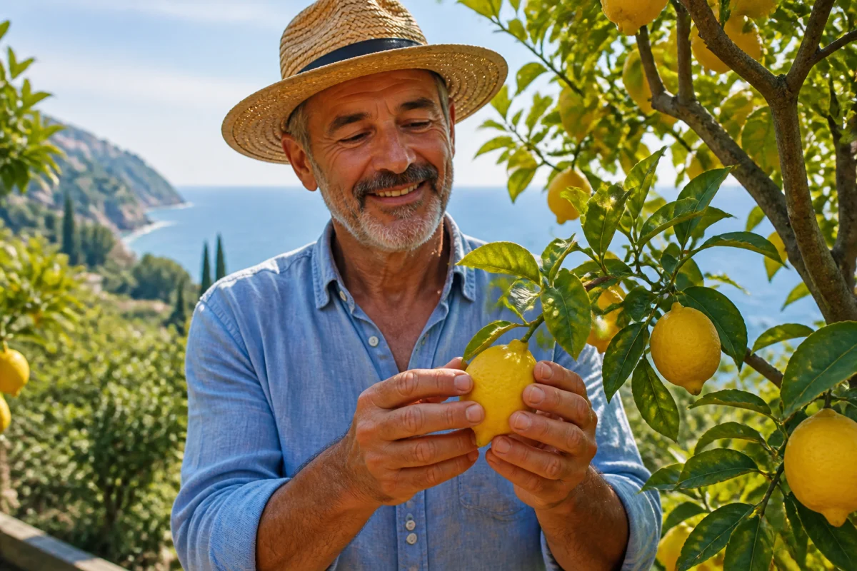 Arboriculteur récoltant un citron jaune dans un verger ensoleillé de Menton surplombant la mer Méditerranée.