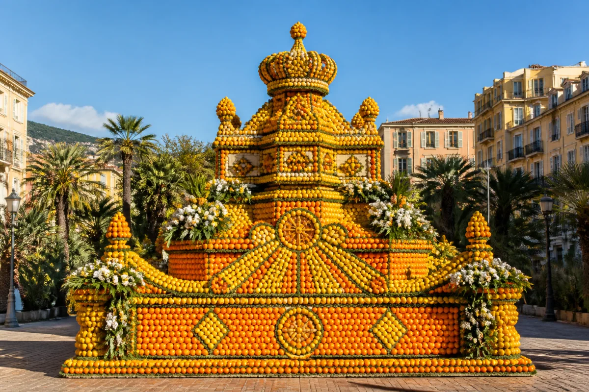 Char monumental décoré de citrons et d'oranges éclatants lors de la fête du citron à Menton ensoleillée.