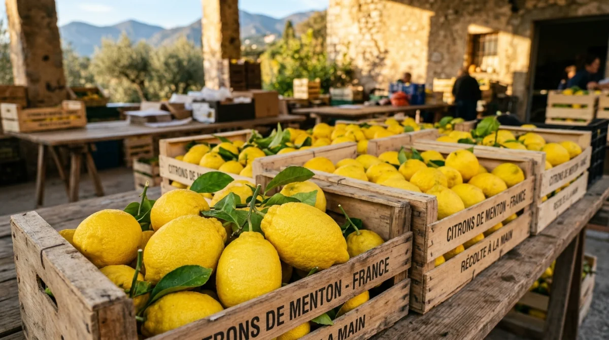 Caisses en bois remplies de citrons de Menton frais après la fête, illustrant le tri des agrumes récoltés.