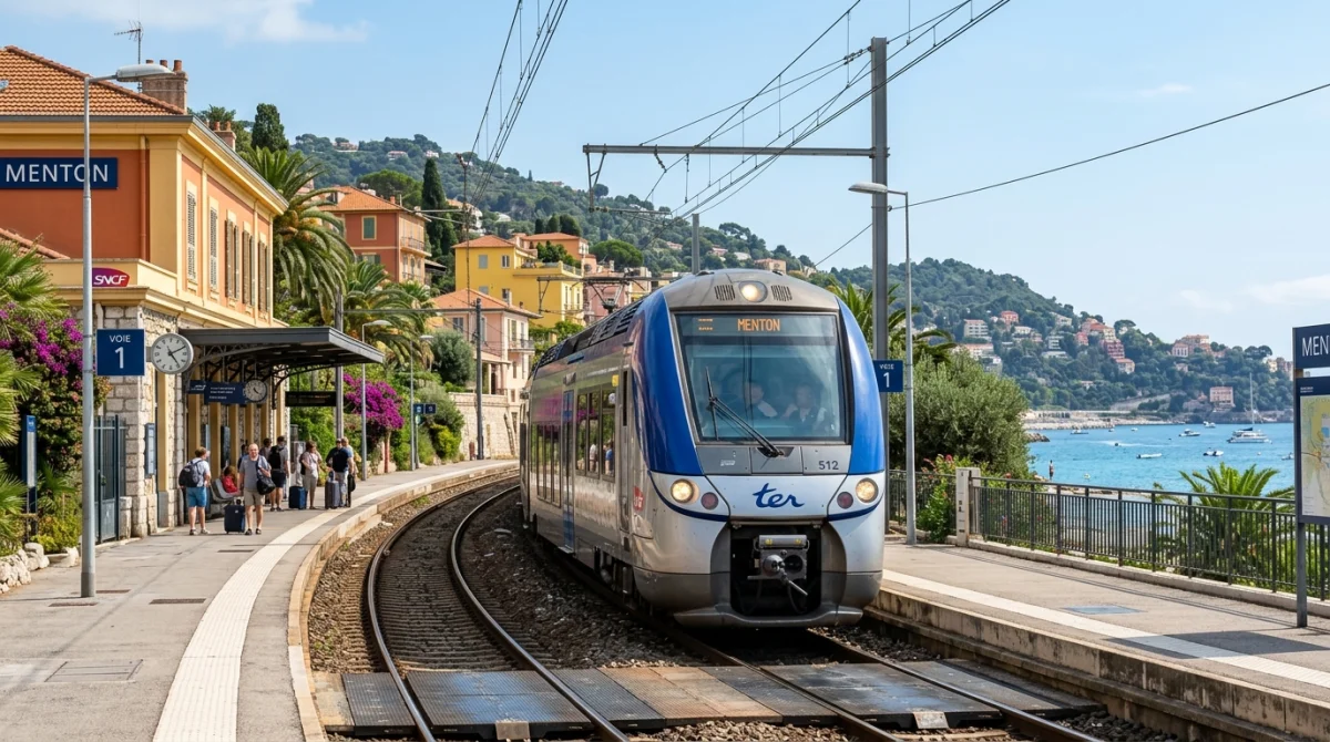 Train moderne arrivant en gare de Menton avec vue panoramique sur la mer Méditerranée et la Côte d'Azur.