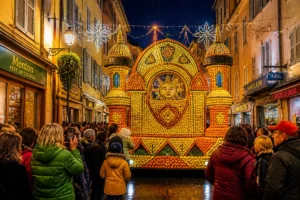 Foule admirant un char monumental décoré d'agrumes lors du corso nocturne illuminé dans les rues de Menton.