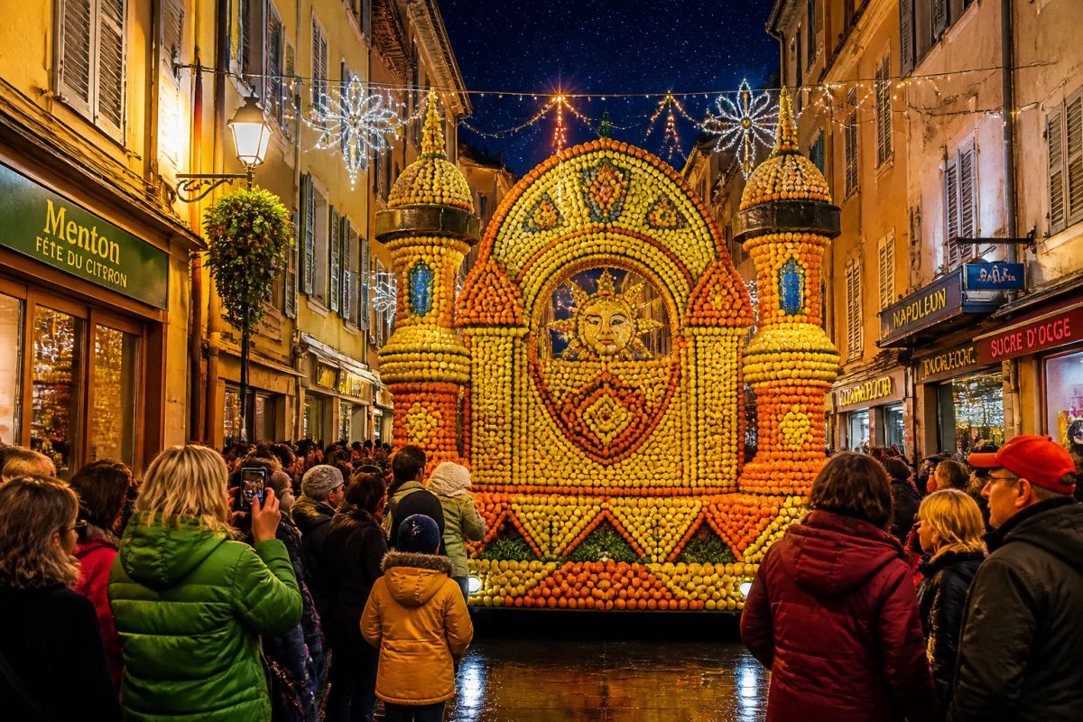 Foule admirant un char monumental décoré d'agrumes lors du corso nocturne illuminé dans les rues de Menton.