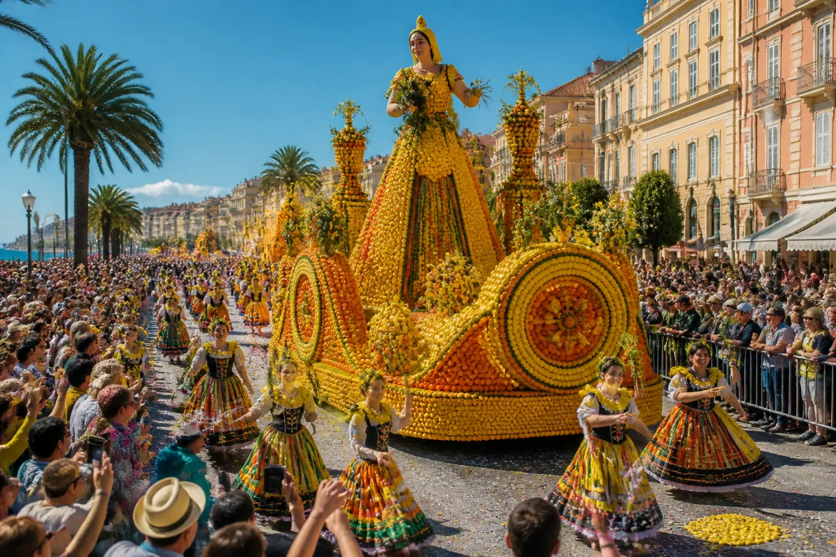 Foule joyeuse admirant un char décoré d'agrumes lors du corso de Menton sous un soleil radieux.
