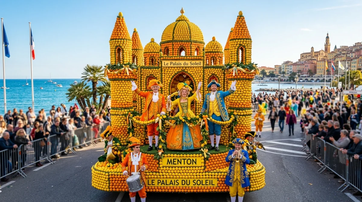 Char monumental décoré de citrons sur la promenade de Menton lors de la célèbre Fête du Citron.