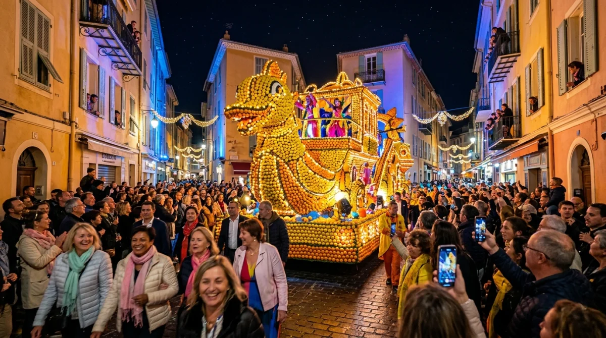Foule admirant un char monumental décoré d'agrumes lors du corso nocturne de la Fête du Citron à Menton.