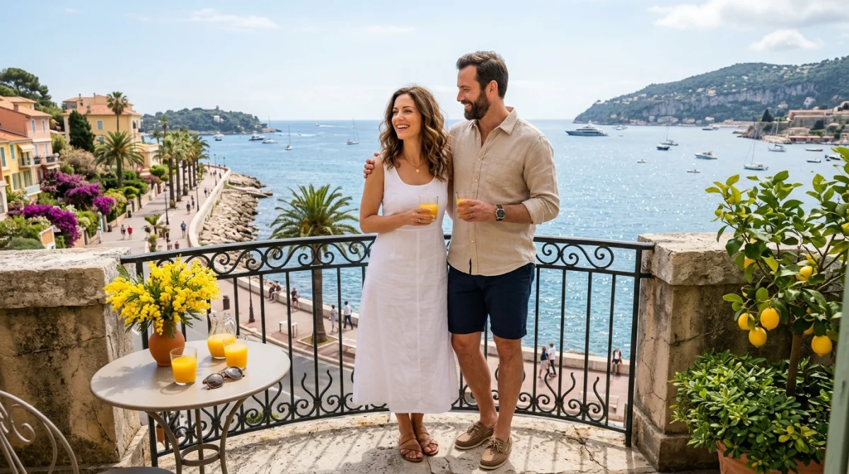 Couple profitant de la vue mer depuis un balcon ensoleillé, idéal pour séjourner durant la Fête du Citron Menton.