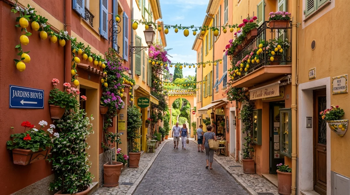 Ruelle fleurie et colorée de Menton décorée de citrons, idéale pour se loger durant la Fête du Citron.