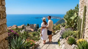 Couple admirant la vue panoramique sur la mer depuis le Jardin Exotique du village médiéval d'Èze.