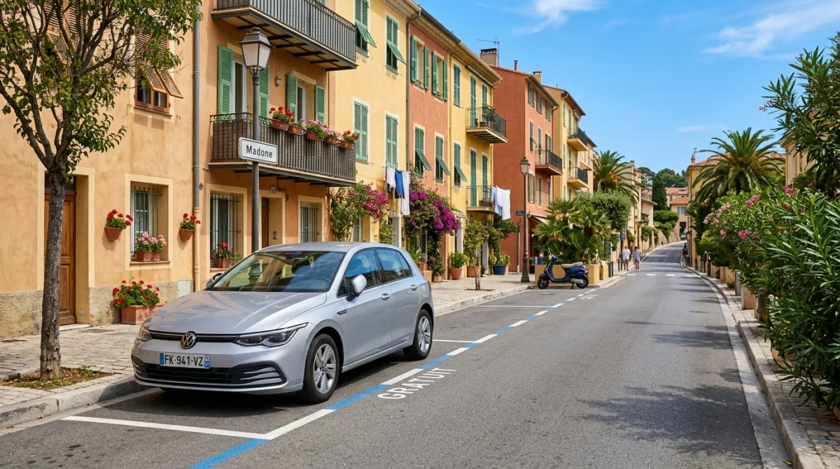 Voiture garée sur une place de stationnement gratuite dans une rue ensoleillée et typique de Menton.