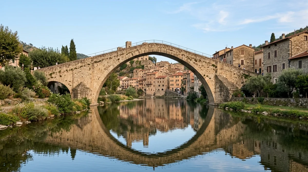 Pont médiéval en pierre de Dolceacqua, un village pittoresque à visiter en Italie proche de Menton.