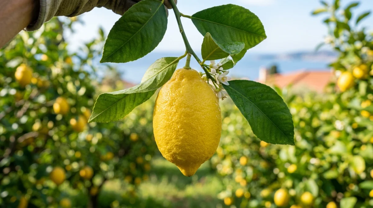 Citron de Menton fraîchement cueilli avec ses feuilles dans un verger ensoleillé, idéal pour savoir quand acheter.
