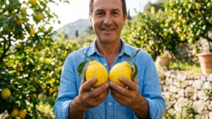Producteur local tenant deux citrons de Menton mûrs et brillants dans un verger ensoleillé pour la récolte.