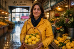Personne en imperméable jaune tenant un panier de citrons frais sous les halles couvertes de Menton.