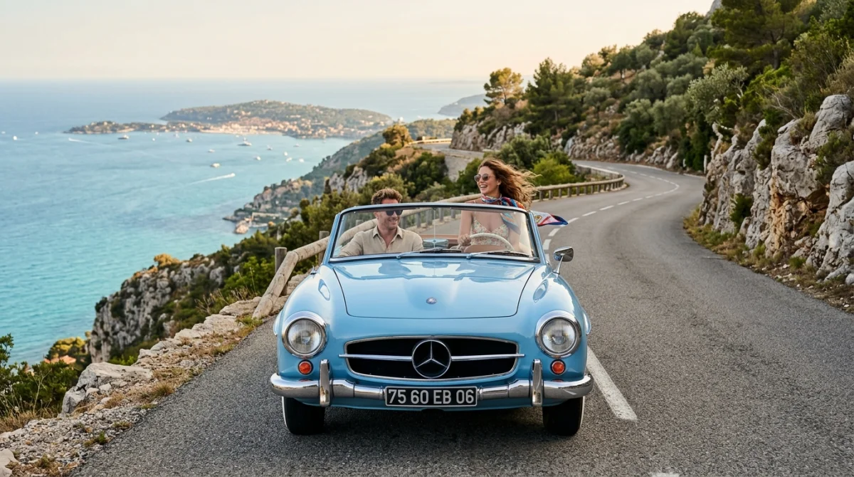 Couple souriant en décapotable vintage sur une route côtière méditerranéenne lors d'un voyage de Marseille à Menton.