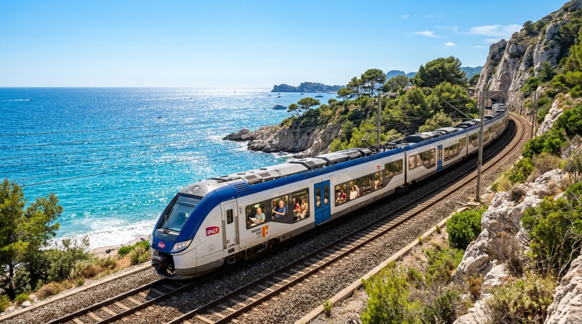 Train moderne longeant la côte méditerranéenne sur une voie ferrée pittoresque lors d'un voyage de Marseille à Menton.