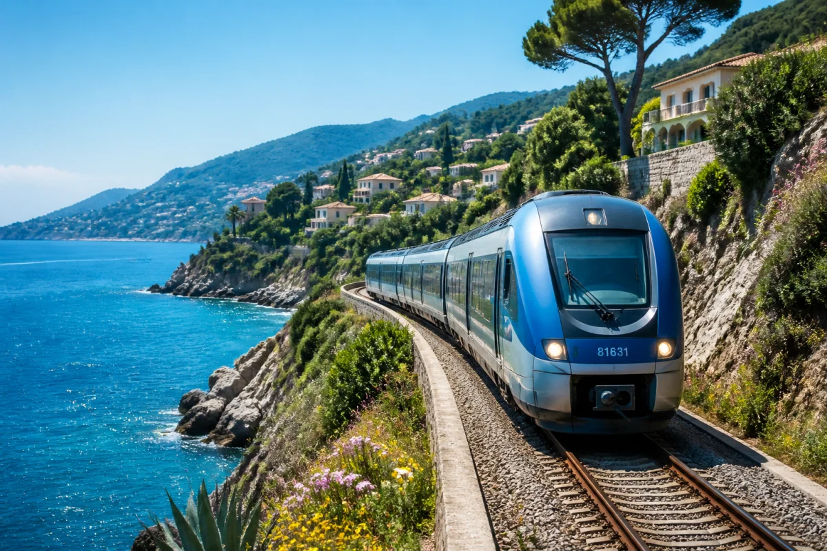 Train moderne circulant sur la côte méditerranéenne lors d'un voyage pittoresque de Menton a Monaco.