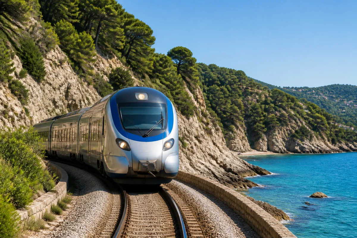 Train moderne circulant sur la côte méditerranéenne pour illustrer comment aller de Nice à Sanremo en train.
