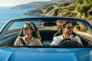 Couple en voiture décapotable sur une route côtière méditerranéenne pour illustrer comment aller de Nice à Sanremo.