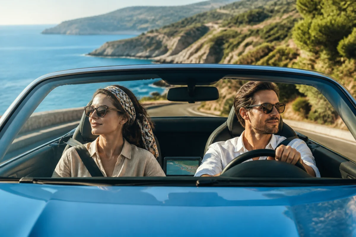 Couple en voiture décapotable sur une route côtière méditerranéenne pour illustrer comment aller de Nice à Sanremo.