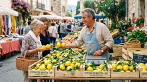 Vendeur souriant proposant des citrons de Menton frais sur un étal de marché traditionnel en plein air.