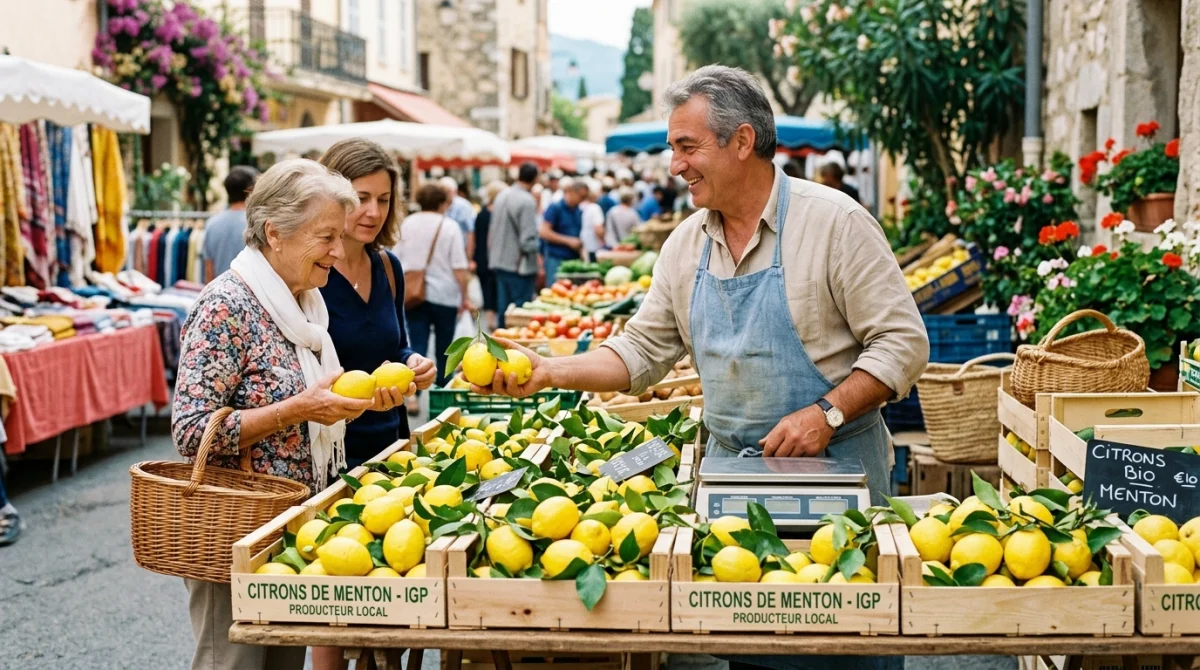 Vendeur souriant proposant des citrons de Menton frais sur un étal de marché traditionnel en plein air.