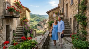 Couple admirant la vue sur le village médiéval fleuri d'Apricale, une destination idéale en Italie proche de Menton.
