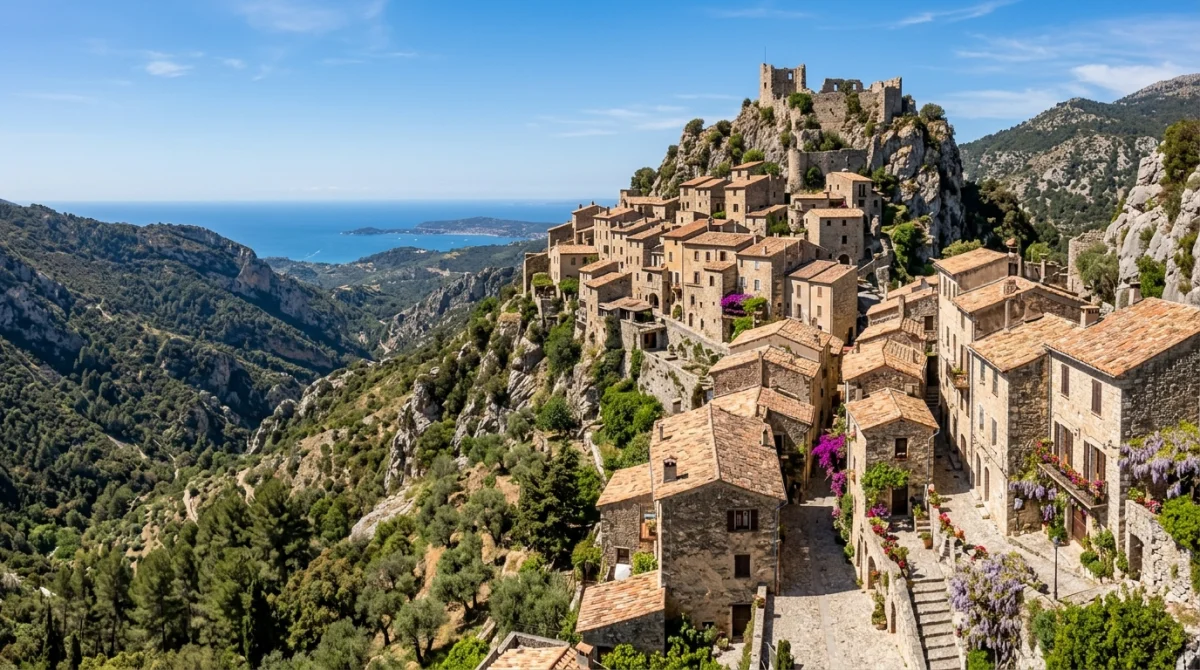 Village médiéval de Sainte-Agnès perché en montagne surplombant la mer Méditerranée, idéal à visiter autour de Menton.