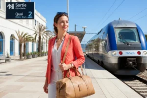 Voyageuse avec sac en cuir sur le quai d'une gare ensoleillée pour un trajet de Menton à Monaco.