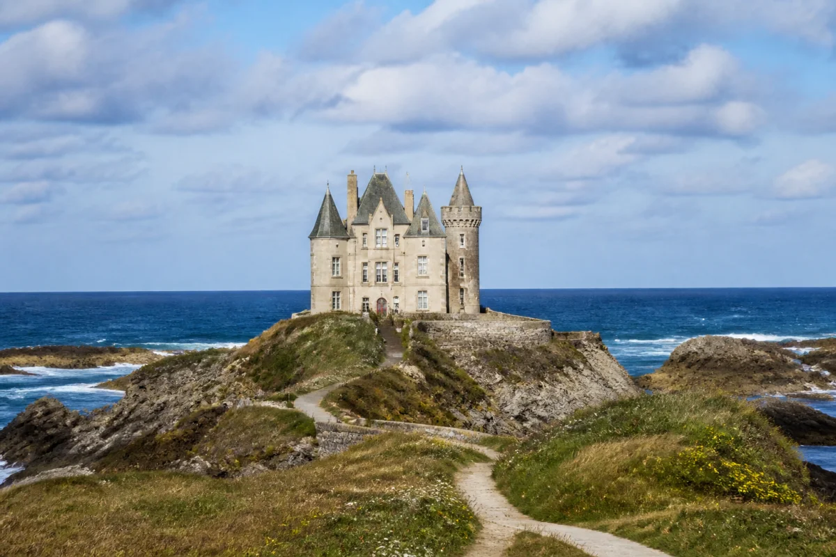 Château Turpault dominant la côte sauvage de Quiberon, entre rochers, sentier côtier et océan Atlantique