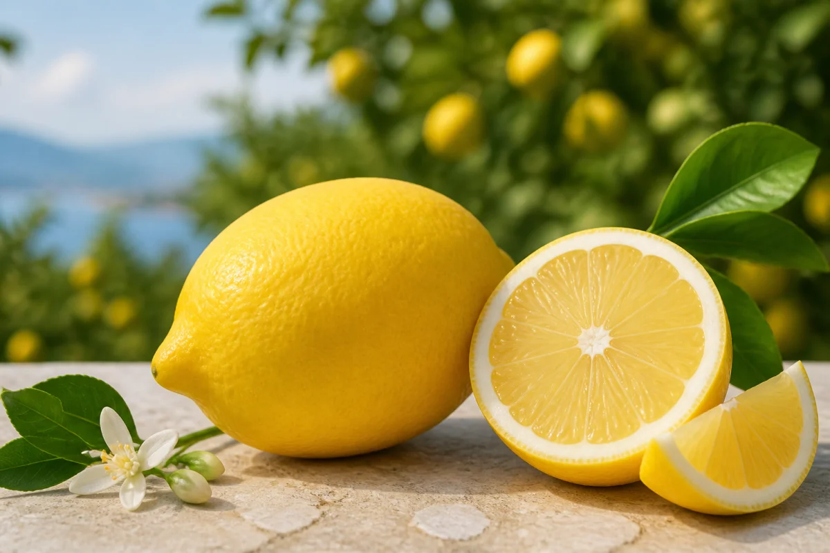 Citron de Menton mûr entier et coupé, chair juteuse visible, posé dans un verger méditerranéen ensoleillé