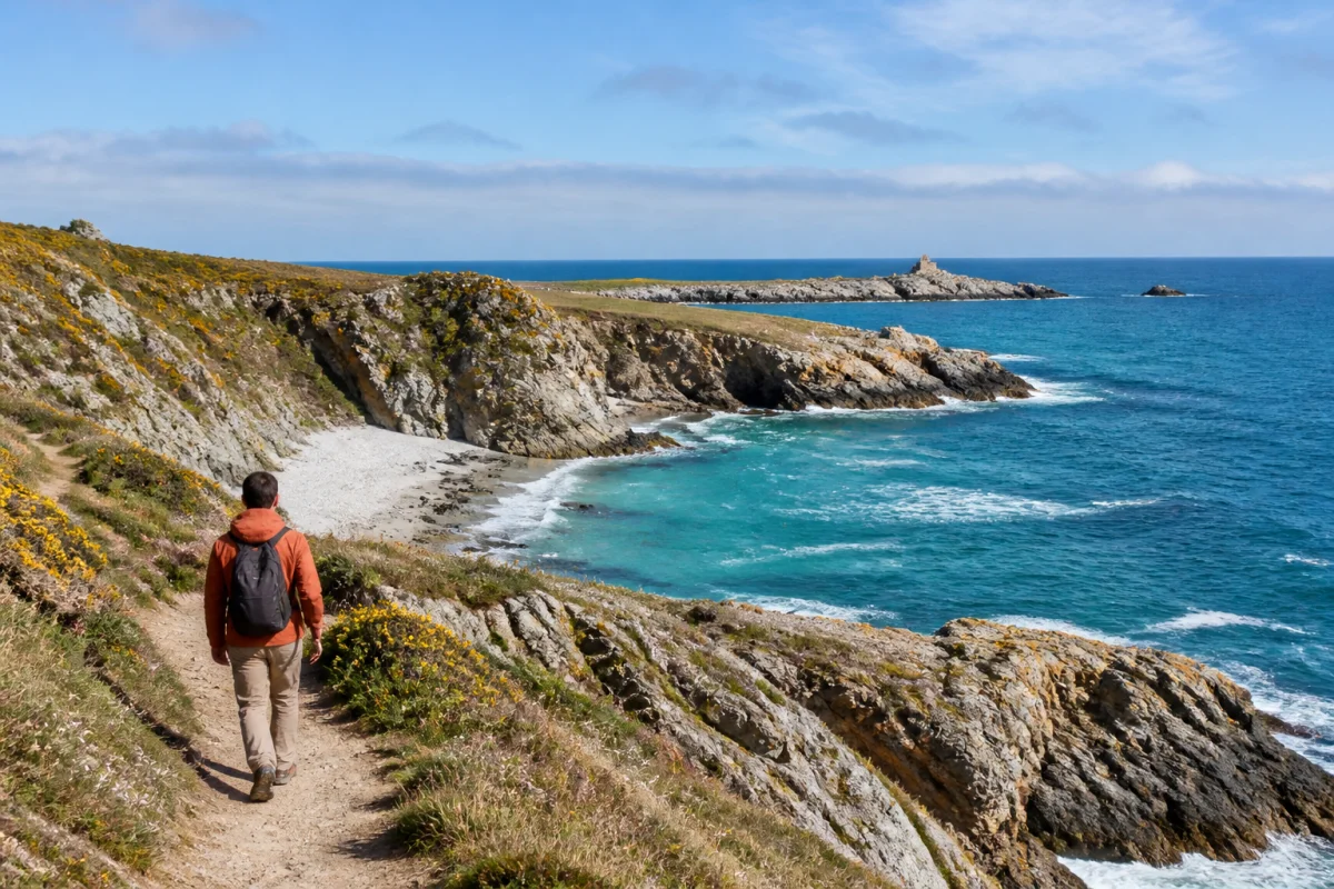 Côte sauvage de Quiberon avec falaises rocheuses, crique de Port Bara, pointe du Percho et randonneur sur le sentier côtier