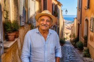 Habitant de Menton souriant en tenue estivale dans une ruelle typique aux façades ocres de la vieille ville.