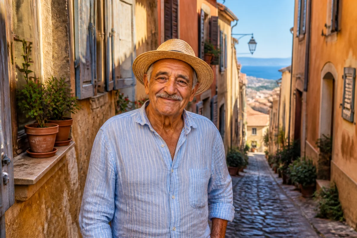 Habitant de Menton souriant en tenue estivale dans une ruelle typique aux façades ocres de la vieille ville.