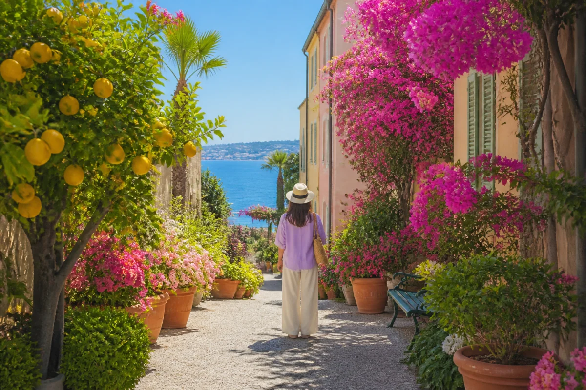 Promenade printanière fleurie à Menton, entre citronniers, façades pastel et vue sur la mer Méditerranée