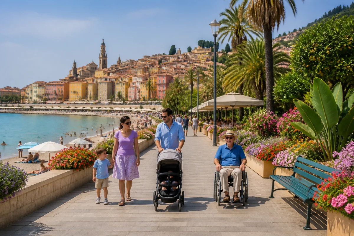 Promenade familiale accessible en bord de mer à Menton, entre jardin méditerranéen fleuri, plages et façades pastel