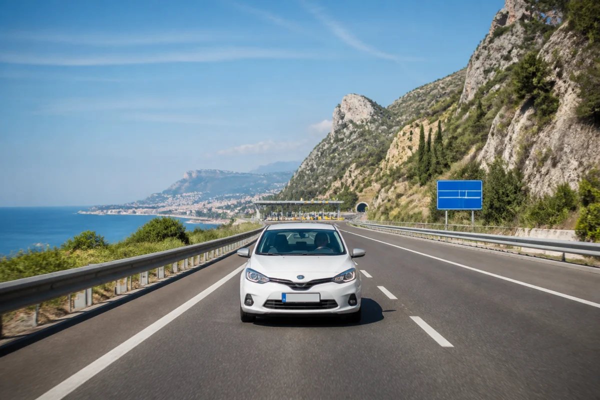 Voiture roulant sur l’autoroute entre Nice et Menton, trajet d’environ 30,8 kilomètres près de La Turbie, avec vue sur la mer