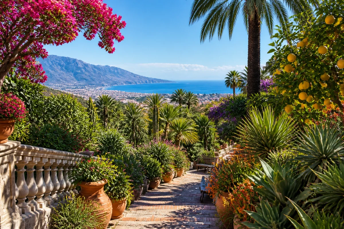 Jardin botanique autour de Menton avec palmiers, citronniers, fleurs tropicales et vue panoramique sur la Méditerranée