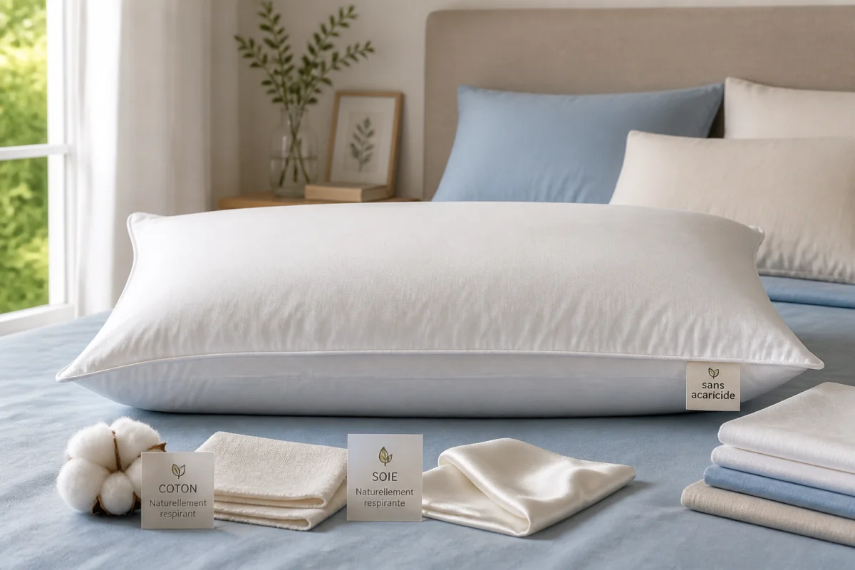 Oreiller anti acarien sans acaricide, housse protectrice respirante en coton et soie dans une chambre lumineuse