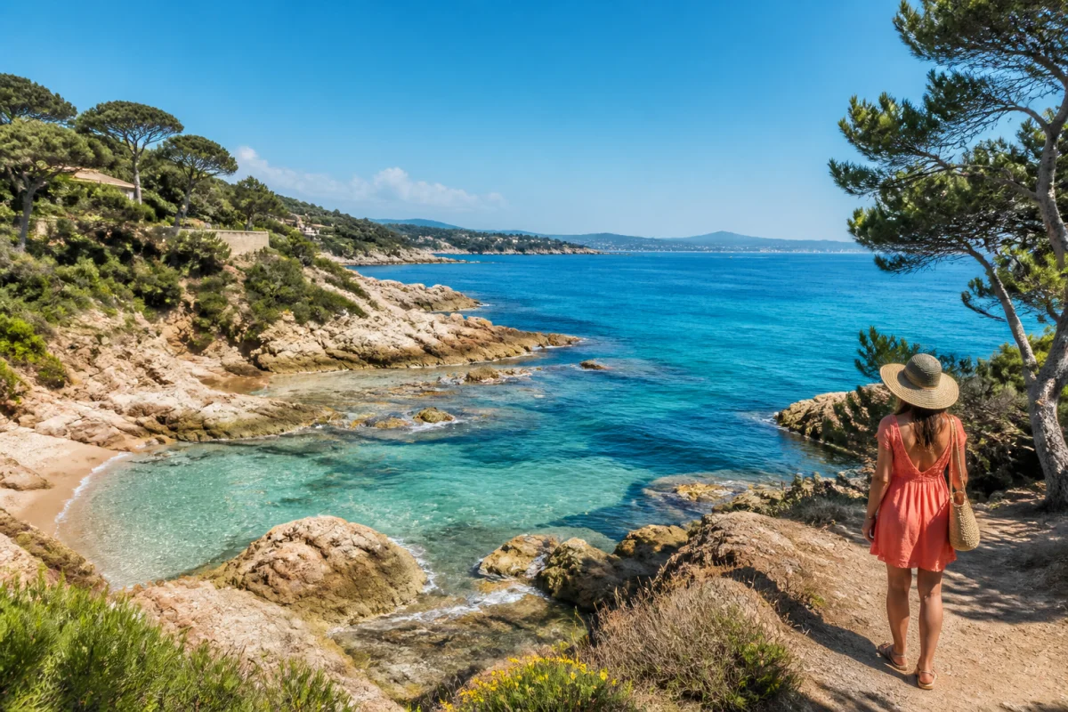 Pointe des Sardinaux à Sainte-Maxime, criques rocheuses et mer turquoise sous les pins méditerranéens ensoleillés