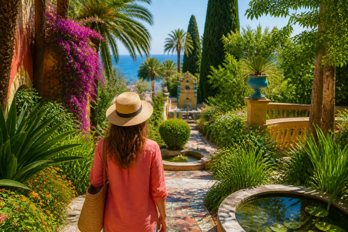 Visiteur explorant les jardins botaniques luxuriants de Menton en août, entre palmiers, agrumes, fleurs exotiques et mosaïques colorées