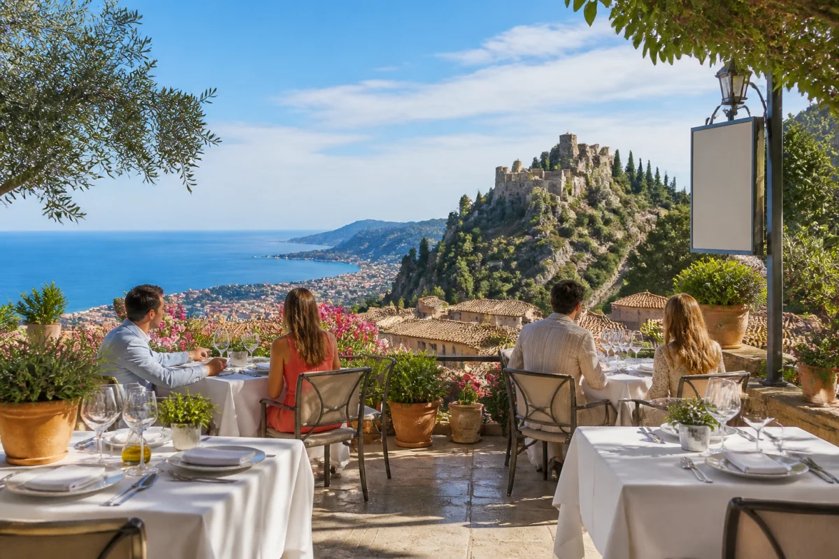 Restaurant à Roquebrune Village avec terrasse panoramique, tables dressées, vue sur la mer Méditerranée et le château médiéval