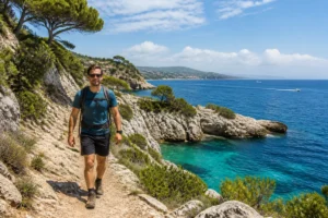 Randonneur sur un sentier côtier rocheux de Saint-Jean-Cap-Ferrat, face à la Méditerranée et aux criques azurées