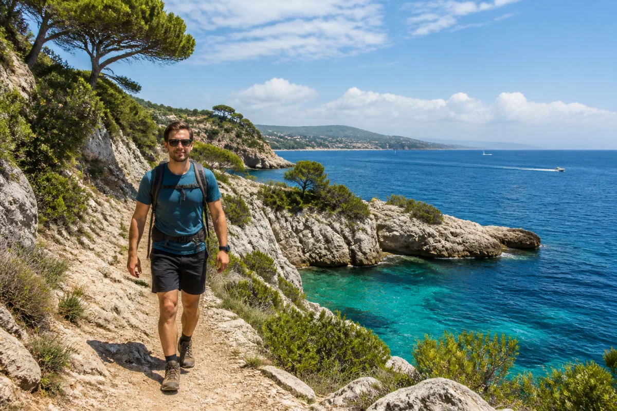 Randonneur sur un sentier côtier rocheux de Saint-Jean-Cap-Ferrat, face à la Méditerranée et aux criques azurées