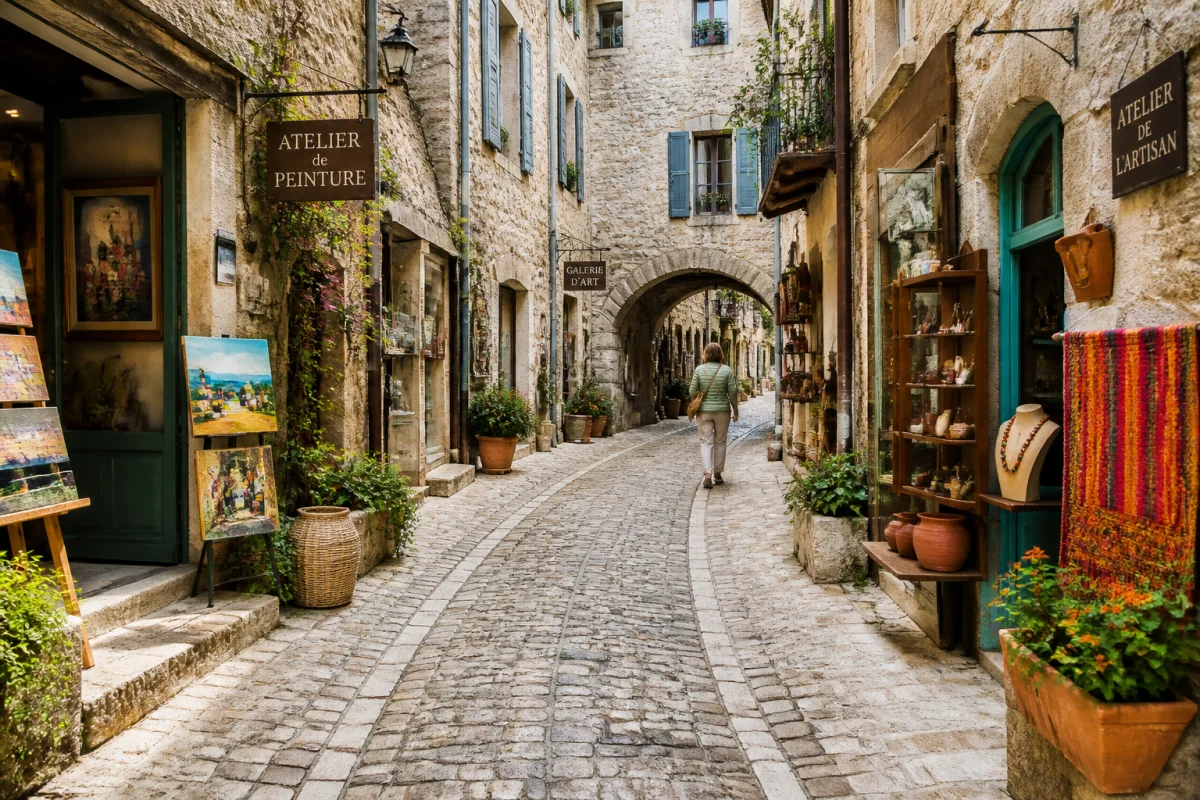 Grand-Rue de Tourrettes-sur-Loup, ruelle pavée bordée d’ateliers d’artisans et de galeries dans un village médiéval