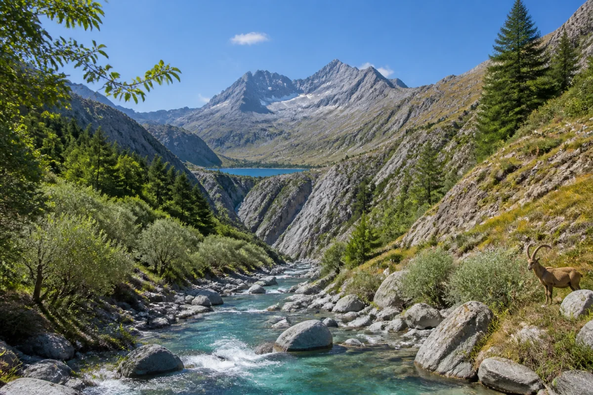 Panorama naturel de la vallée de la Roya avec torrent, gorge rocheuse, oliveraies, forêts alpines et sommets enneigés