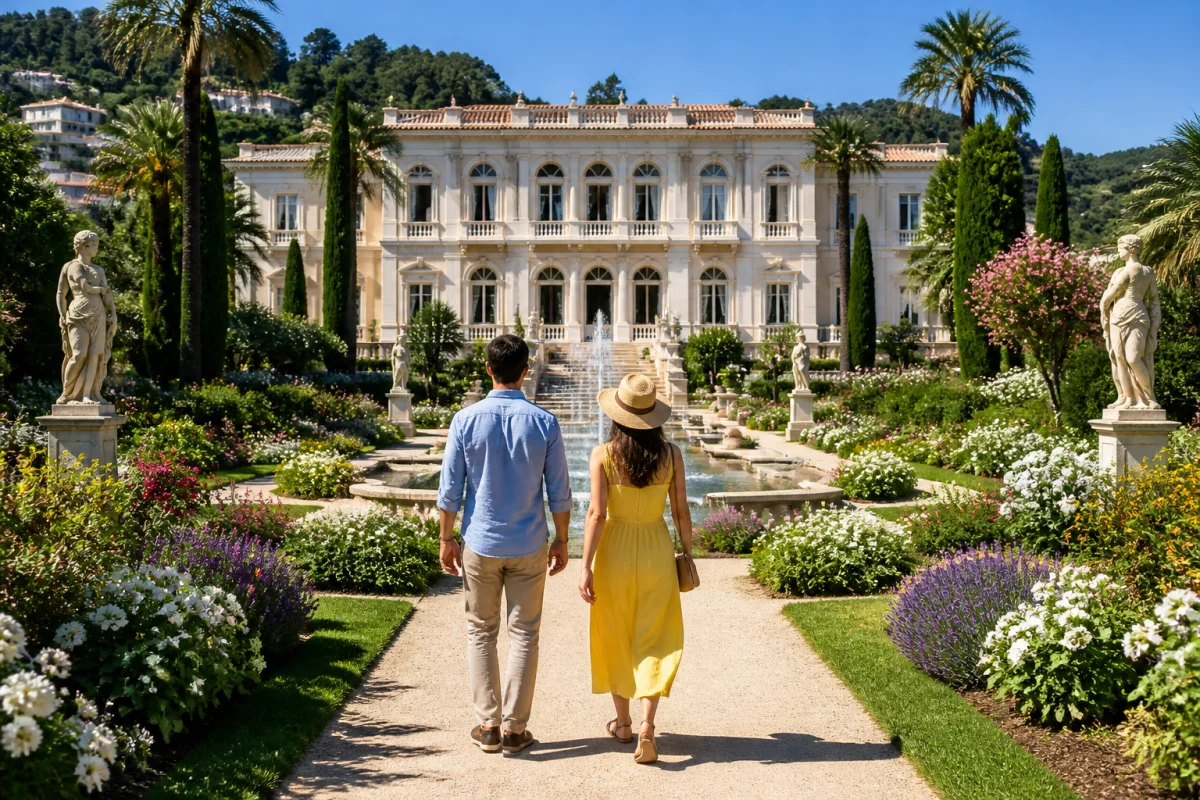 Villa historique et jardins fleuris à Saint-Jean-Cap-Ferrat, visités par deux touristes sous le soleil méditerranéen